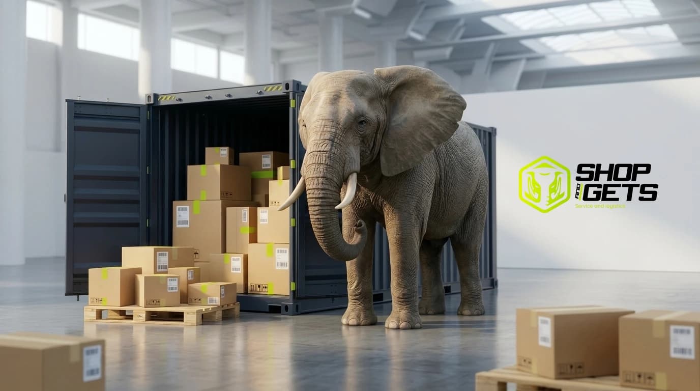 Mascota elefante de Shop and Gets junto a cajas de compras online y contenedor con el logo oficial de Shop and Gets